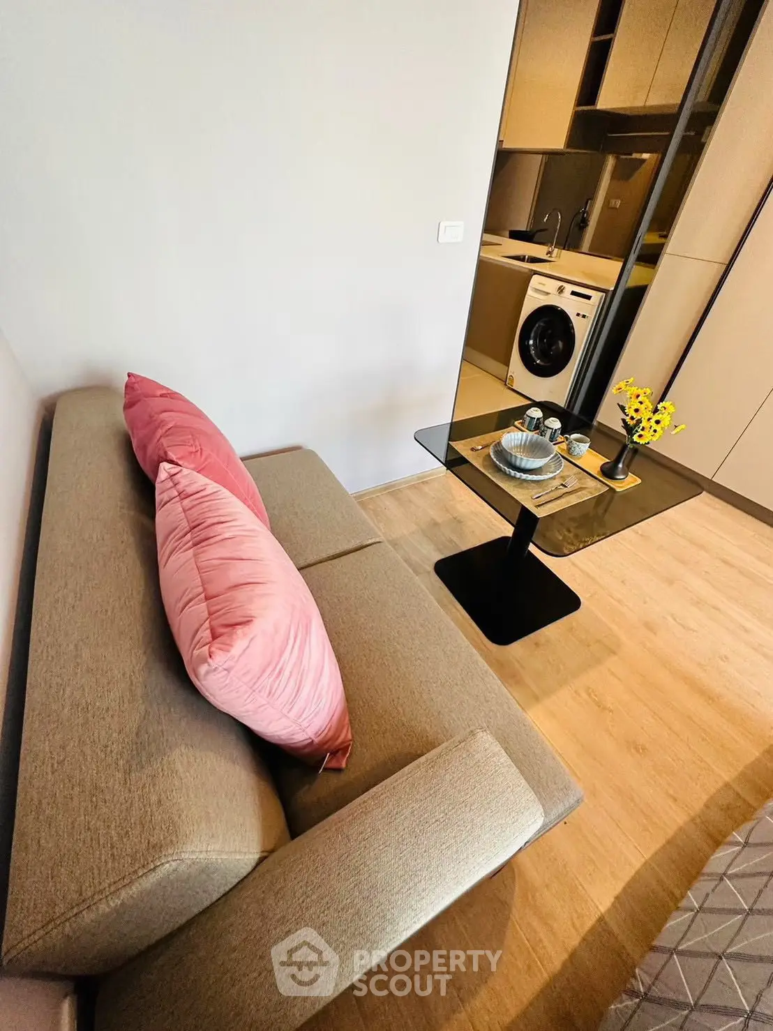 Cozy living room with modern sofa and compact kitchen featuring washing machine