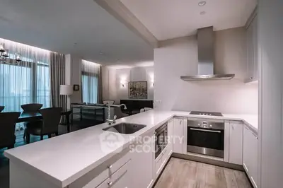 Modern open-layout kitchen with sleek appliances and spacious living area in luxury apartment.