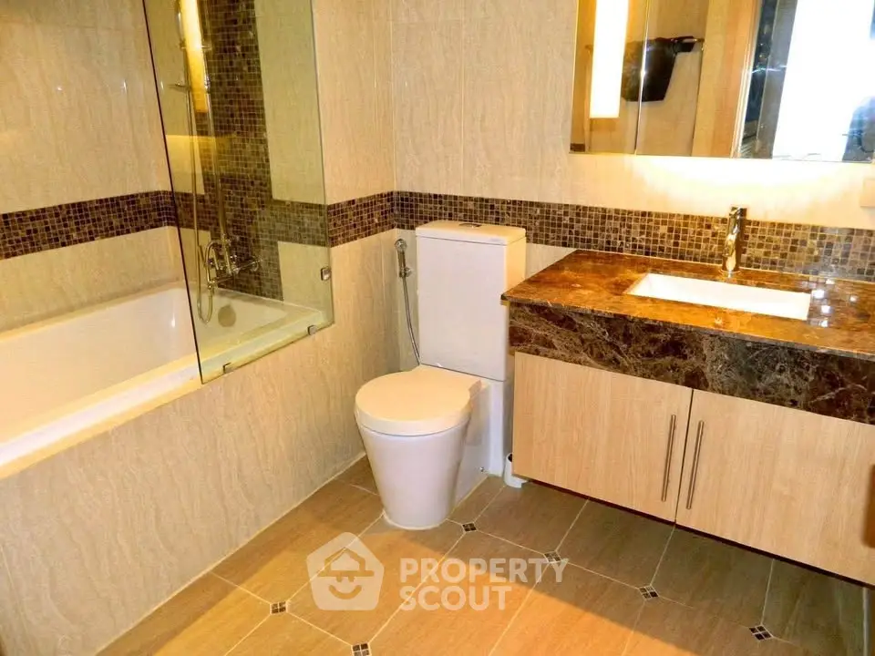 Luxurious modern bathroom with elegant marble countertop and bathtub