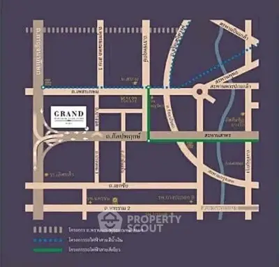 Map showing location of Grand real estate project with nearby roads and landmarks.