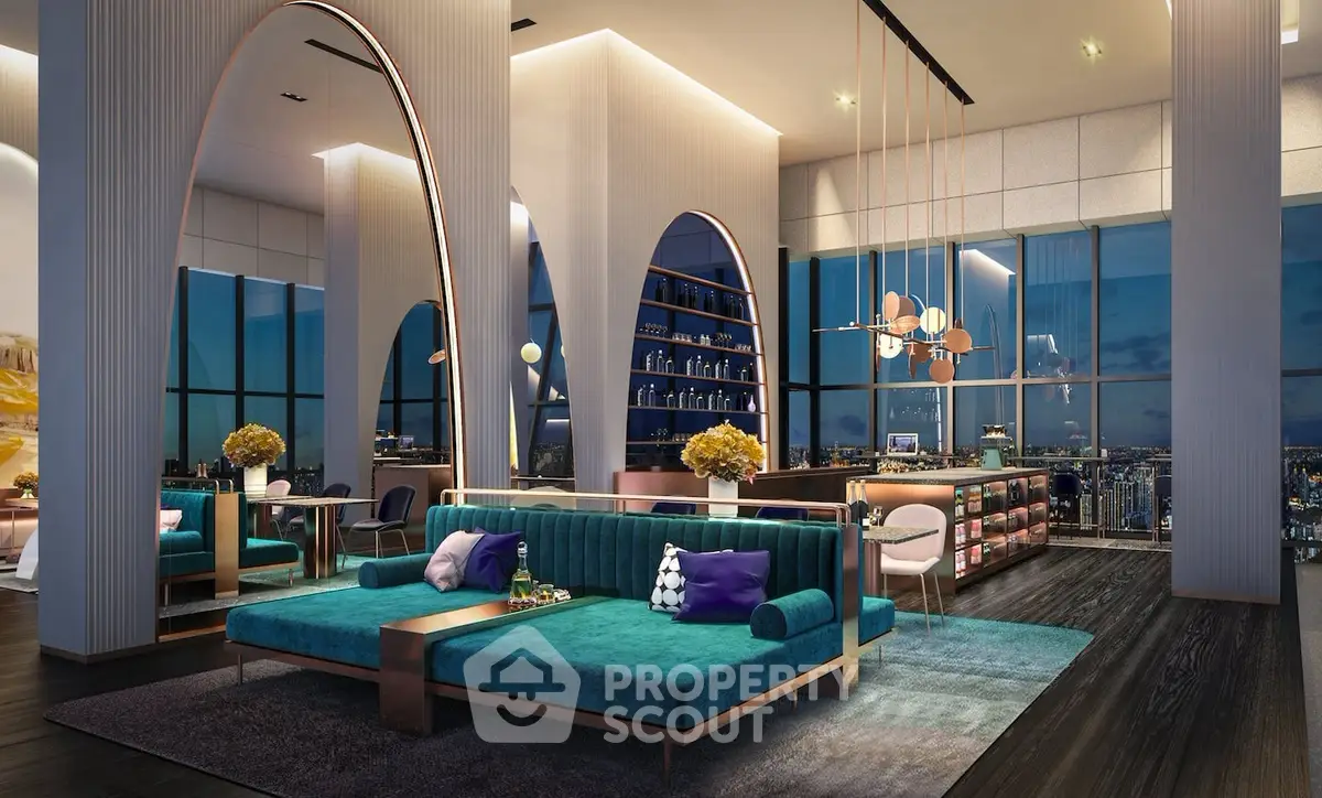 Luxurious modern living room with stunning city view, elegant decor, and ambient lighting in a high-rise apartment.