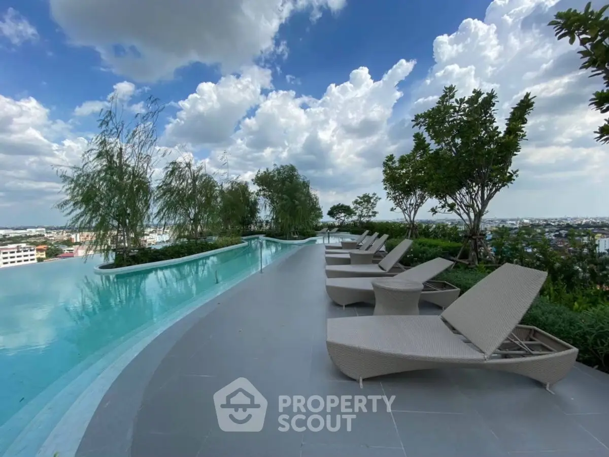 Luxurious rooftop infinity pool with stunning city views and elegant lounge chairs.