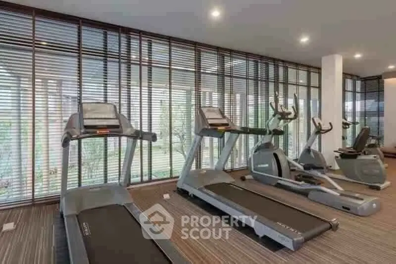 Modern gym with treadmills and exercise bikes in a bright, spacious room.