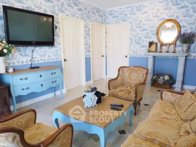 Charming vintage living room with elegant furniture and floral wallpaper