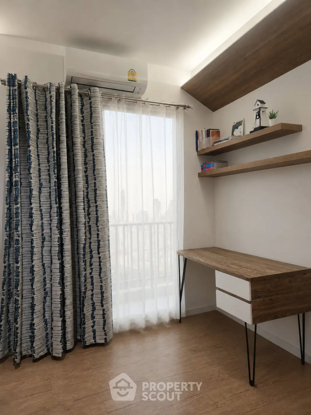 Modern study room with wooden desk, shelves, and large window with city view.
