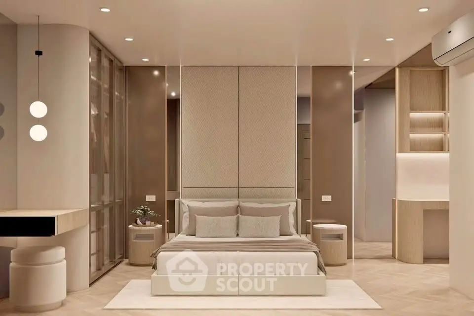 Luxurious modern bedroom with elegant lighting and neutral tones