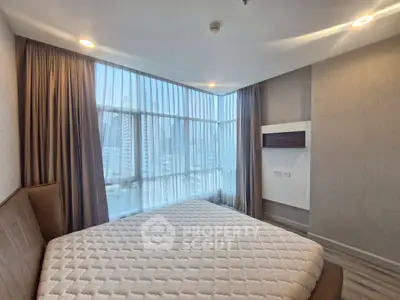 Modern bedroom with large windows and city view, featuring elegant curtains and minimalist design.