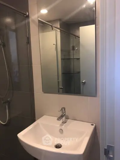 Modern bathroom with sleek sink and glass shower enclosure in contemporary apartment.