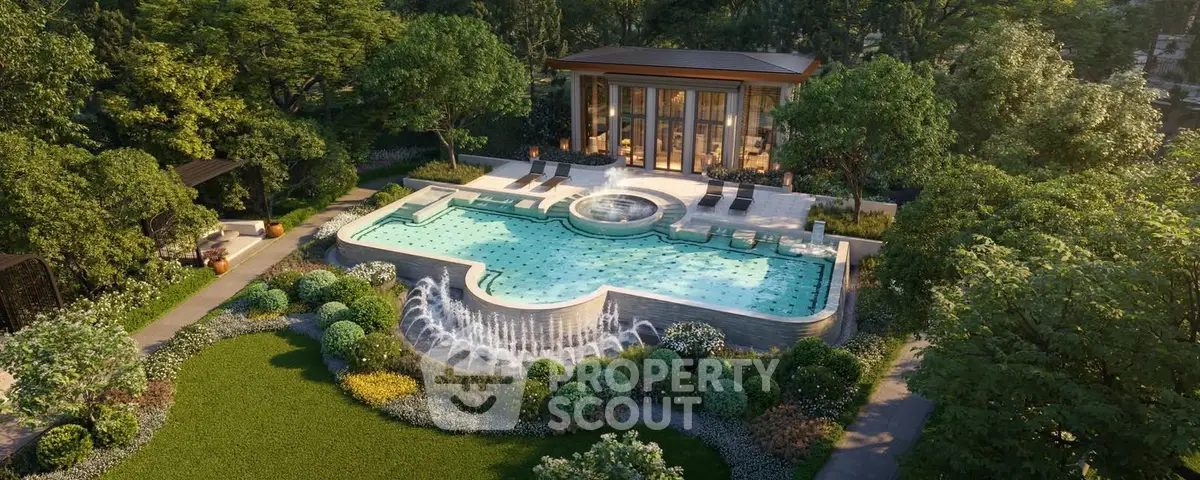 Luxurious outdoor pool with elegant landscaping and modern pool house, perfect for relaxation and entertainment.