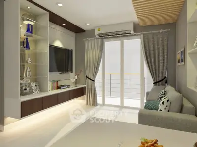 Modern living room with stylish decor and large window for natural light.