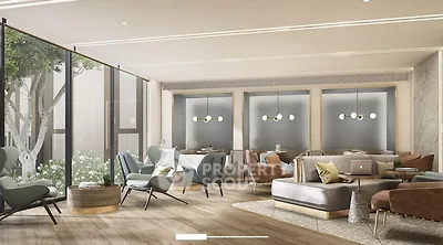 Luxurious modern living room with elegant furniture and large windows overlooking a garden.
