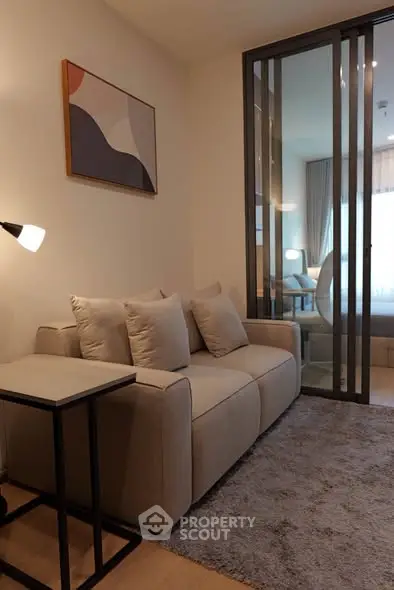 Modern living room with stylish decor and cozy seating area