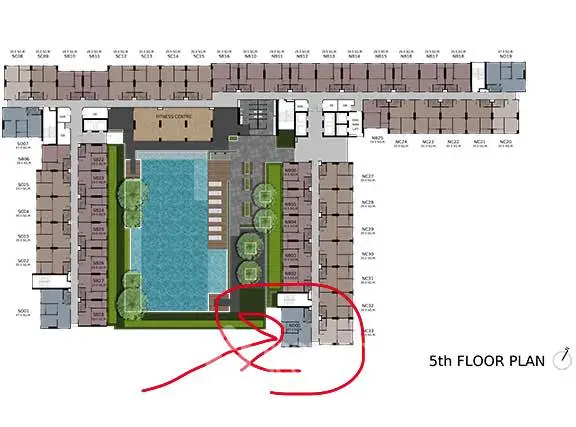 5th floor plan showcasing a pool and fitness center in a modern residential complex.