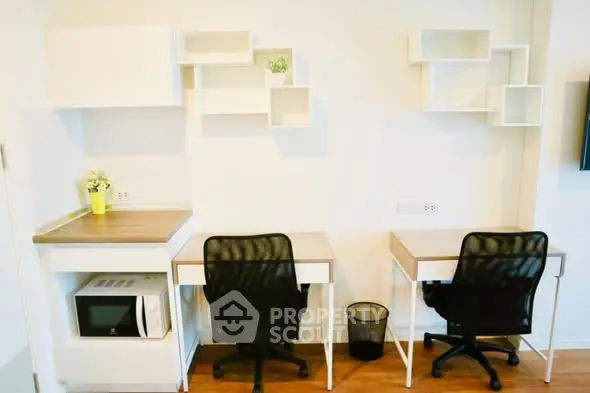 Modern study area with dual desks and shelving, perfect for productivity.