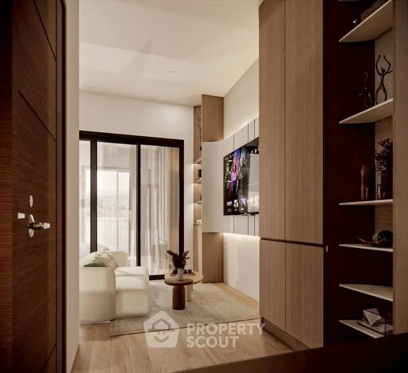 Modern living room with sleek design and large windows for natural light