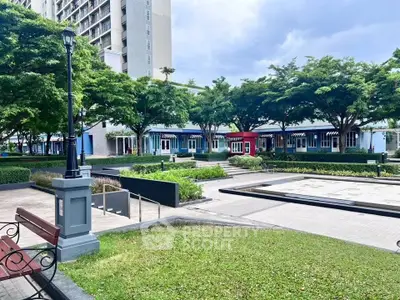 Charming urban park with lush greenery and modern architecture