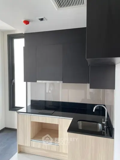 Modern kitchen with sleek black cabinets and built-in appliances in a contemporary apartment.