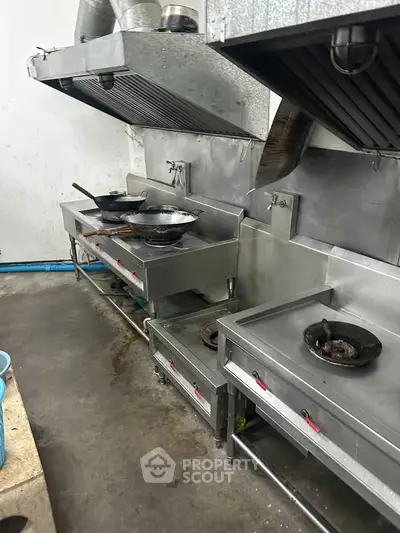 Commercial kitchen with stainless steel stoves and ventilation hoods, ideal for restaurant setup.