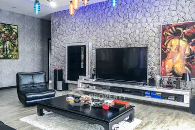 Stylish living room with stone accent wall and modern decor