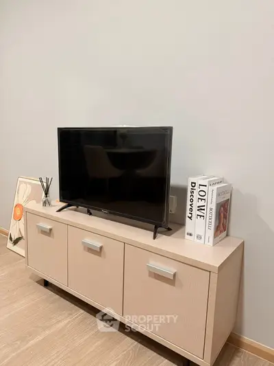 Modern living room with sleek TV stand and stylish decor