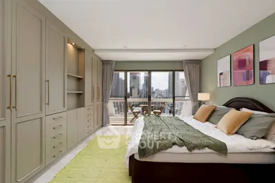 Luxurious bedroom with city view, elegant decor, and spacious layout in modern apartment.