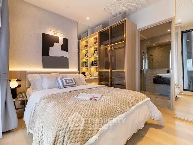 Luxurious bedroom with modern decor and spacious walk-in closet