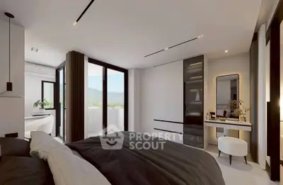 Luxurious modern bedroom with stunning mountain view and elegant decor