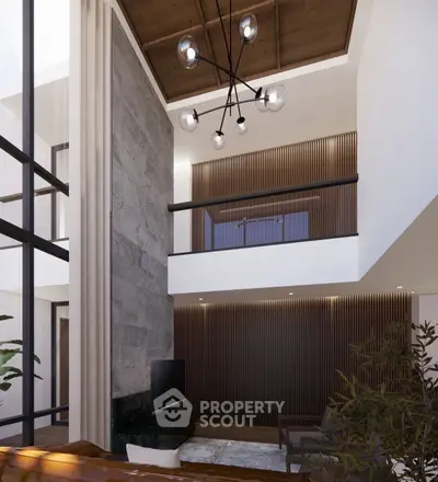 Luxurious modern living room with high ceilings and elegant lighting