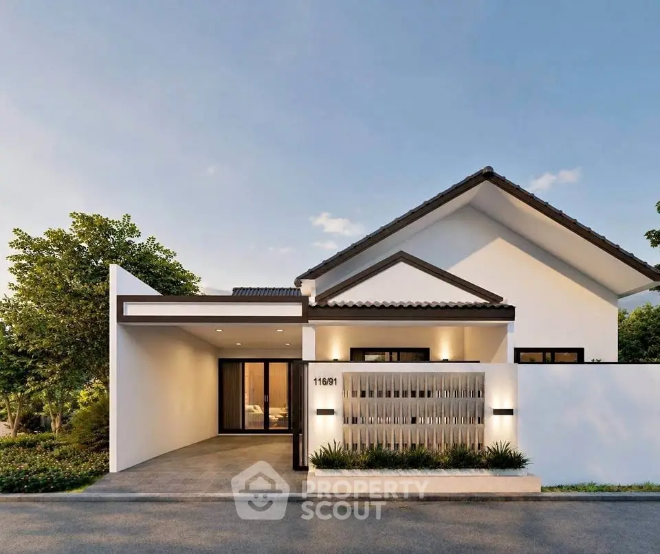 Modern single-story house with sleek design and spacious driveway, perfect for contemporary living.