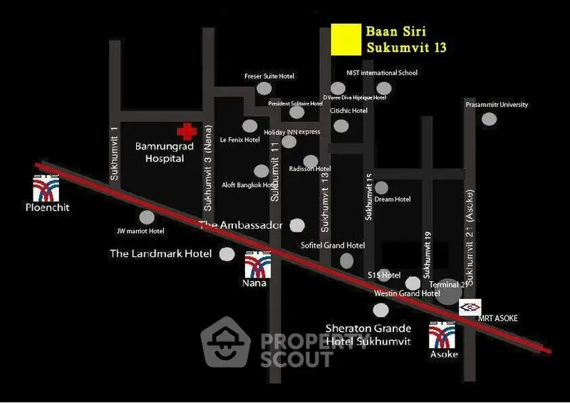 Map showing location of Baan Siri Sukhumvit 13 near major hotels and MRT Asoke.