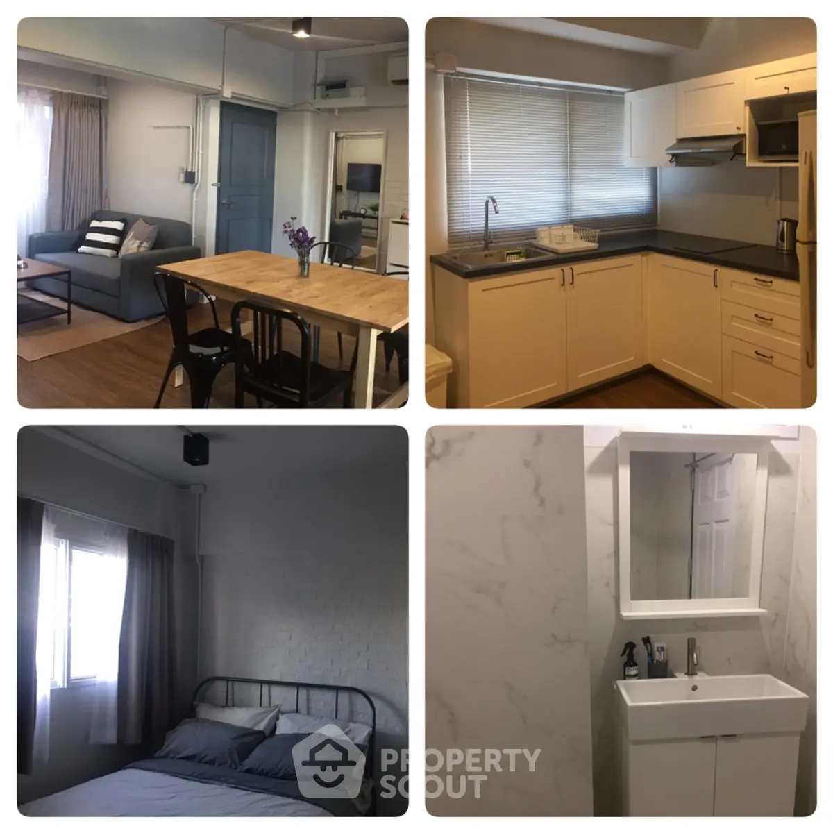 Chic urban apartment with modern kitchen, cozy living room, stylish bedroom, and sleek bathroom.