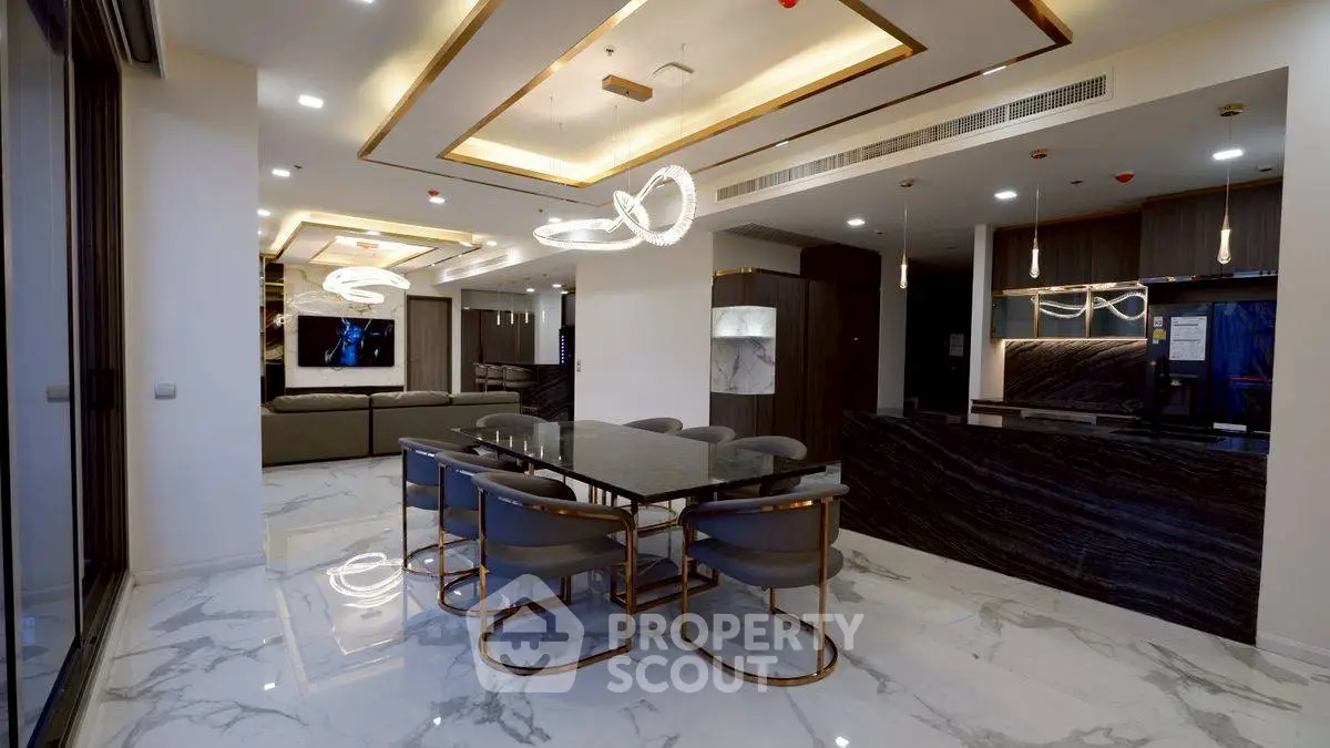 Luxurious modern living room with elegant dining area and stylish lighting