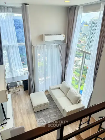 Stunning high-rise living room with floor-to-ceiling windows and city views, featuring modern furniture and elegant decor.