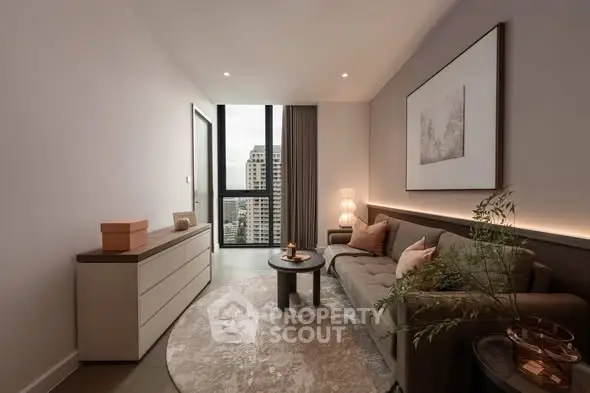 Modern living room with city view, stylish decor, and cozy ambiance in a high-rise apartment.