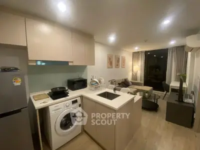 Modern open-layout kitchen and living room with washing machine and cozy decor.