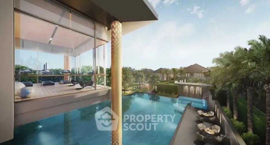 Luxurious modern home with infinity pool and stunning view of lush greenery.