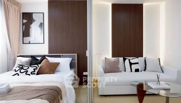 Modern bedroom with stylish decor and cozy seating area