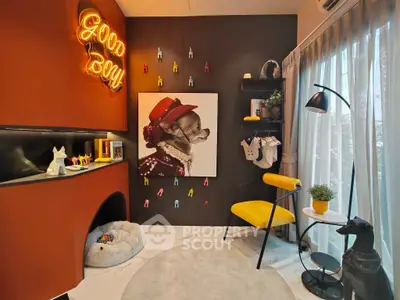 Stylish pet-friendly living room with modern decor and unique dog-themed art.