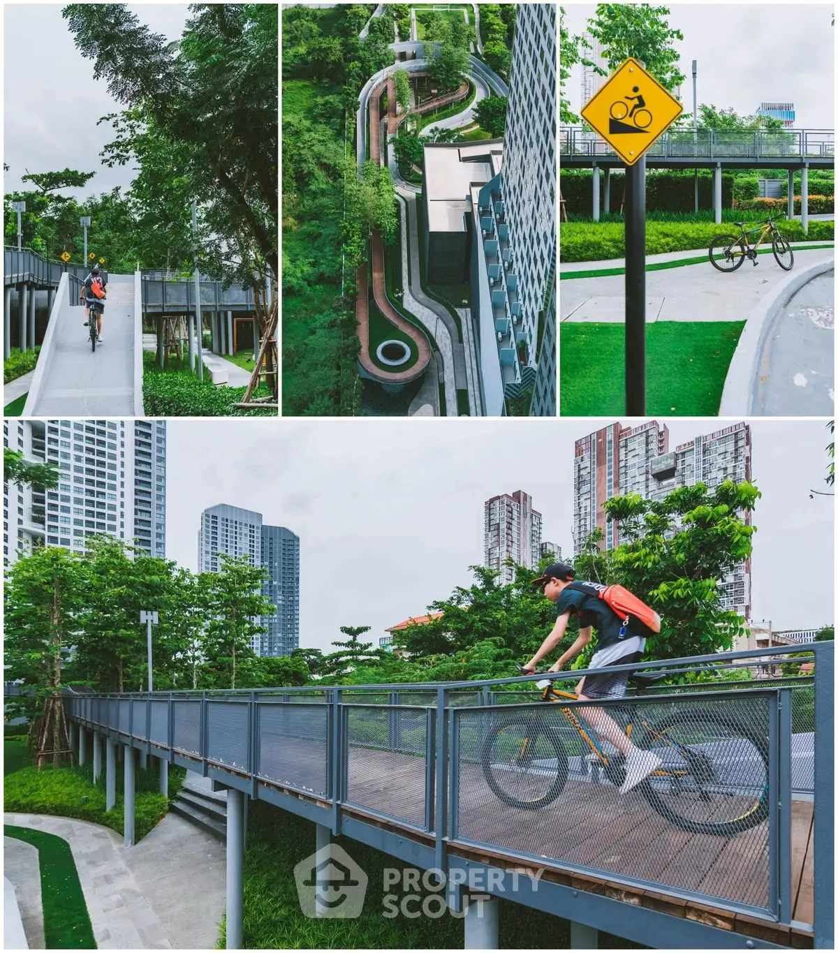 Modern urban park with elevated bike paths and lush greenery in a vibrant cityscape.