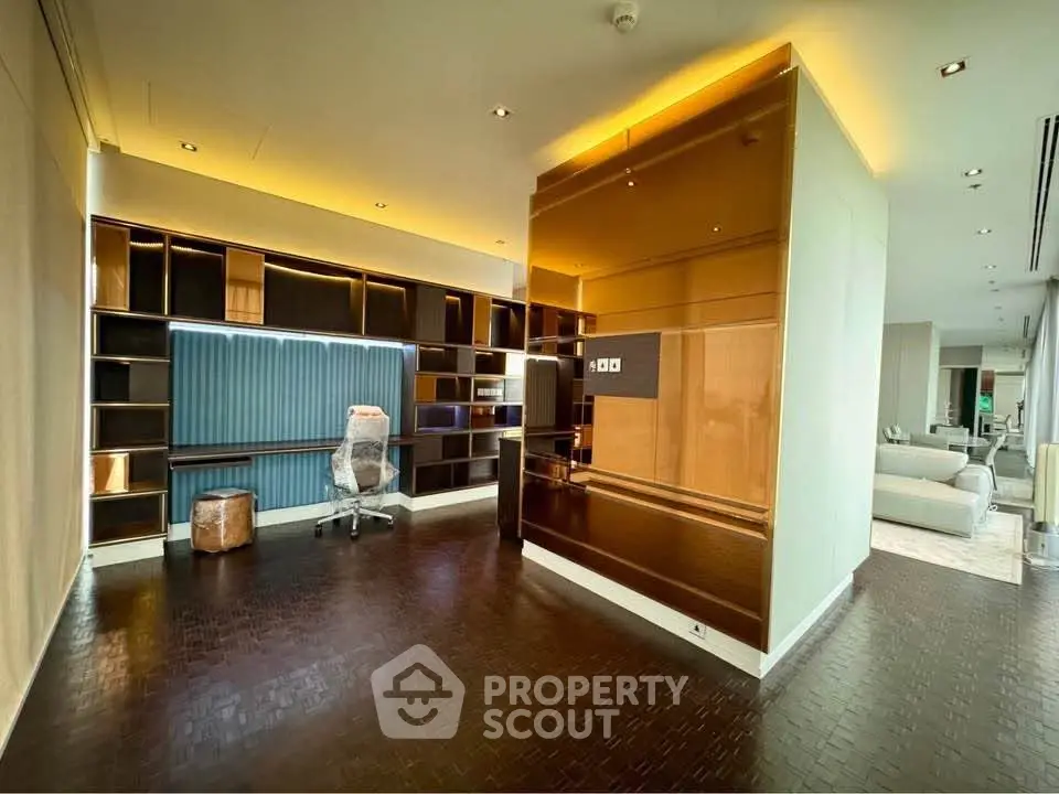 Luxurious modern living room with sleek design and built-in shelving, perfect for stylish urban living.