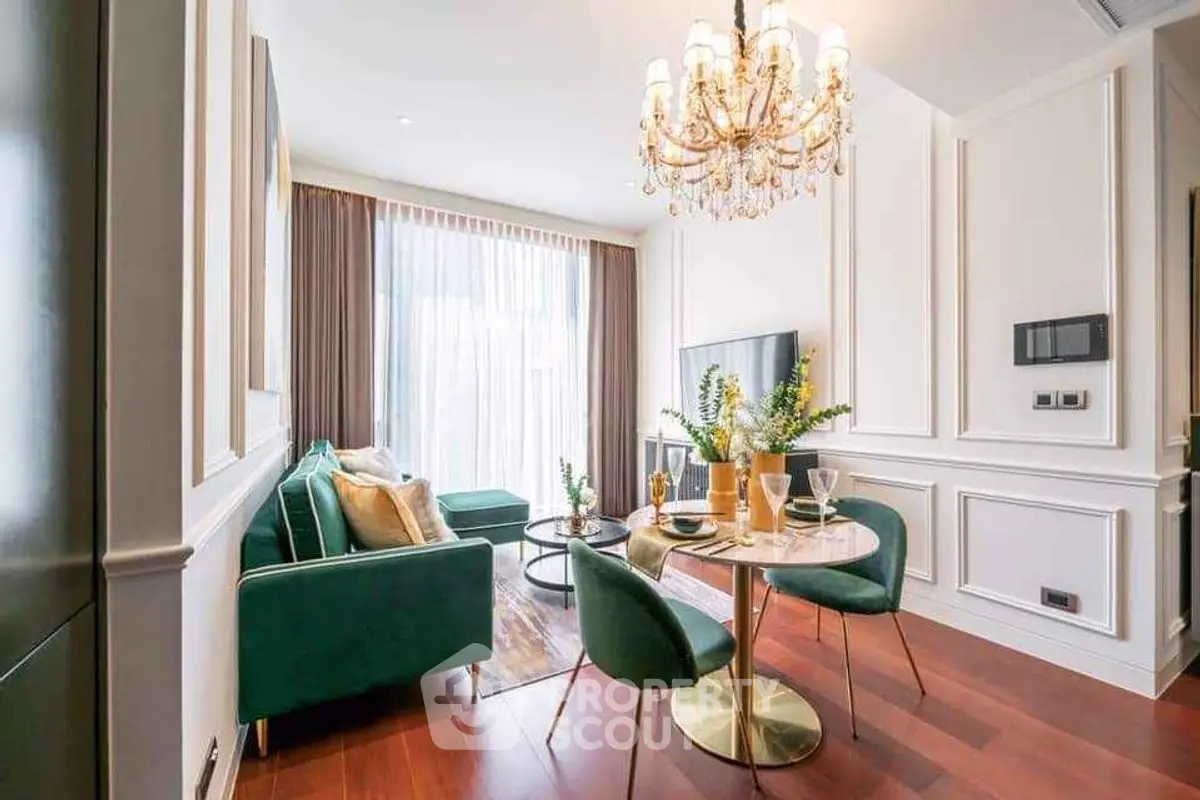 Luxurious living room with elegant chandelier and modern decor