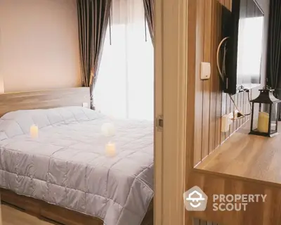 Cozy bedroom with modern decor and ambient lighting, perfect for relaxation and comfort.