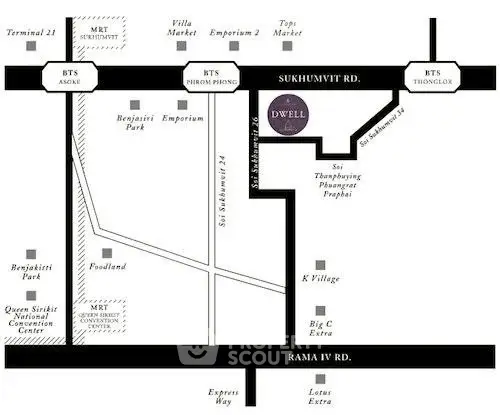 Map showing real estate location near BTS Asoke and BTS Thonglor in Bangkok.