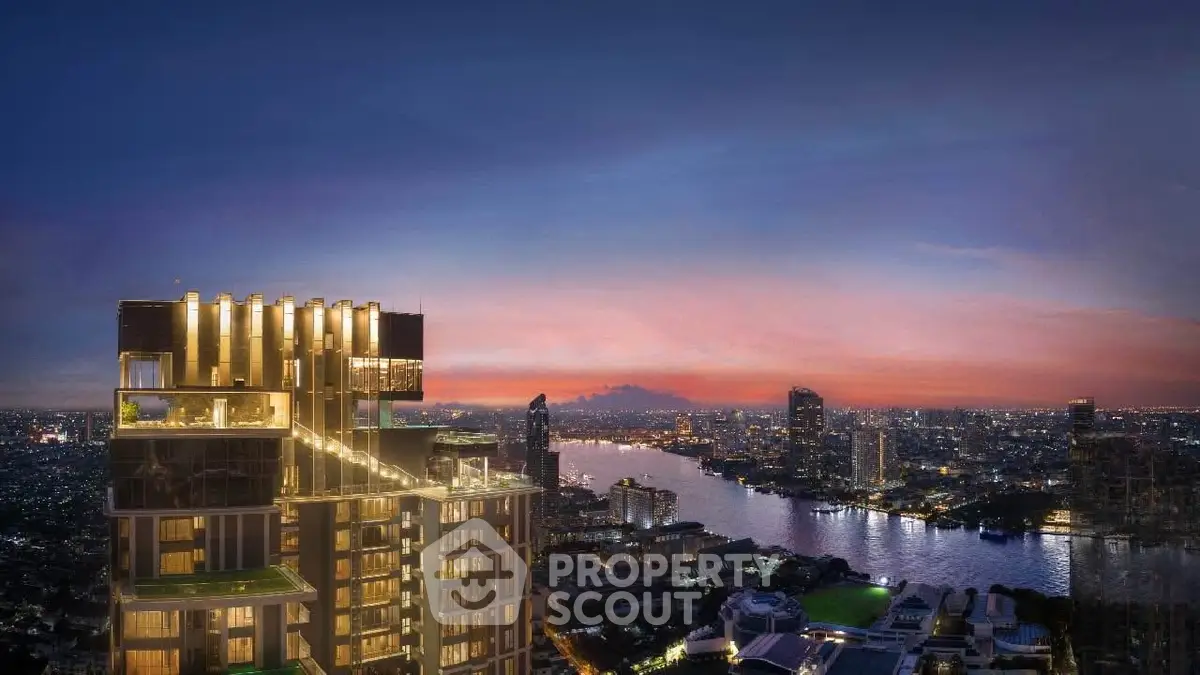 Stunning high-rise building with panoramic river view at sunset, showcasing luxury urban living.