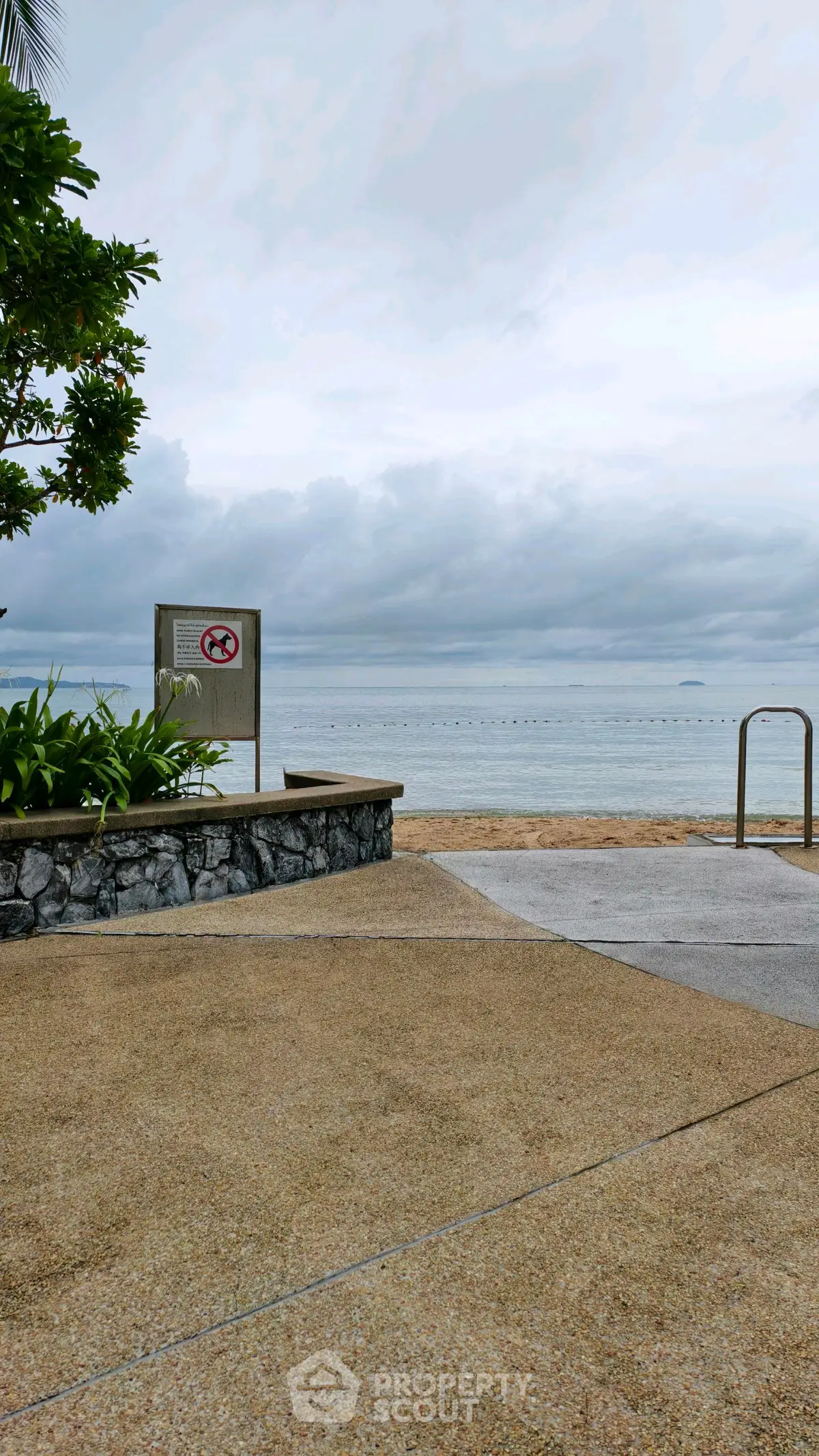 Stunning beachfront view with lush greenery and serene ocean backdrop.