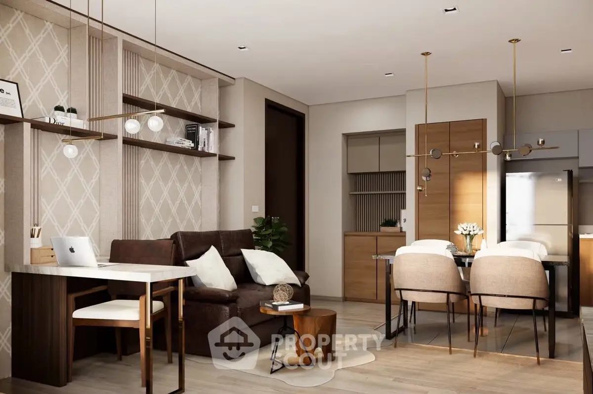 Modern open-plan living room with elegant dining area and stylish decor