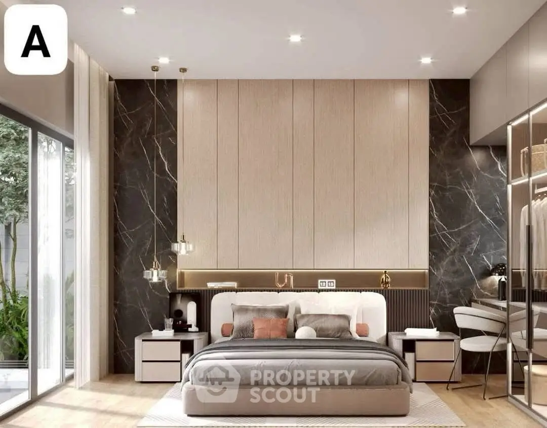 Luxurious modern bedroom with elegant decor and large windows