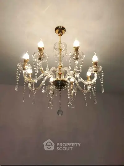 Elegant crystal chandelier with intricate design, perfect for luxury living room ambiance.