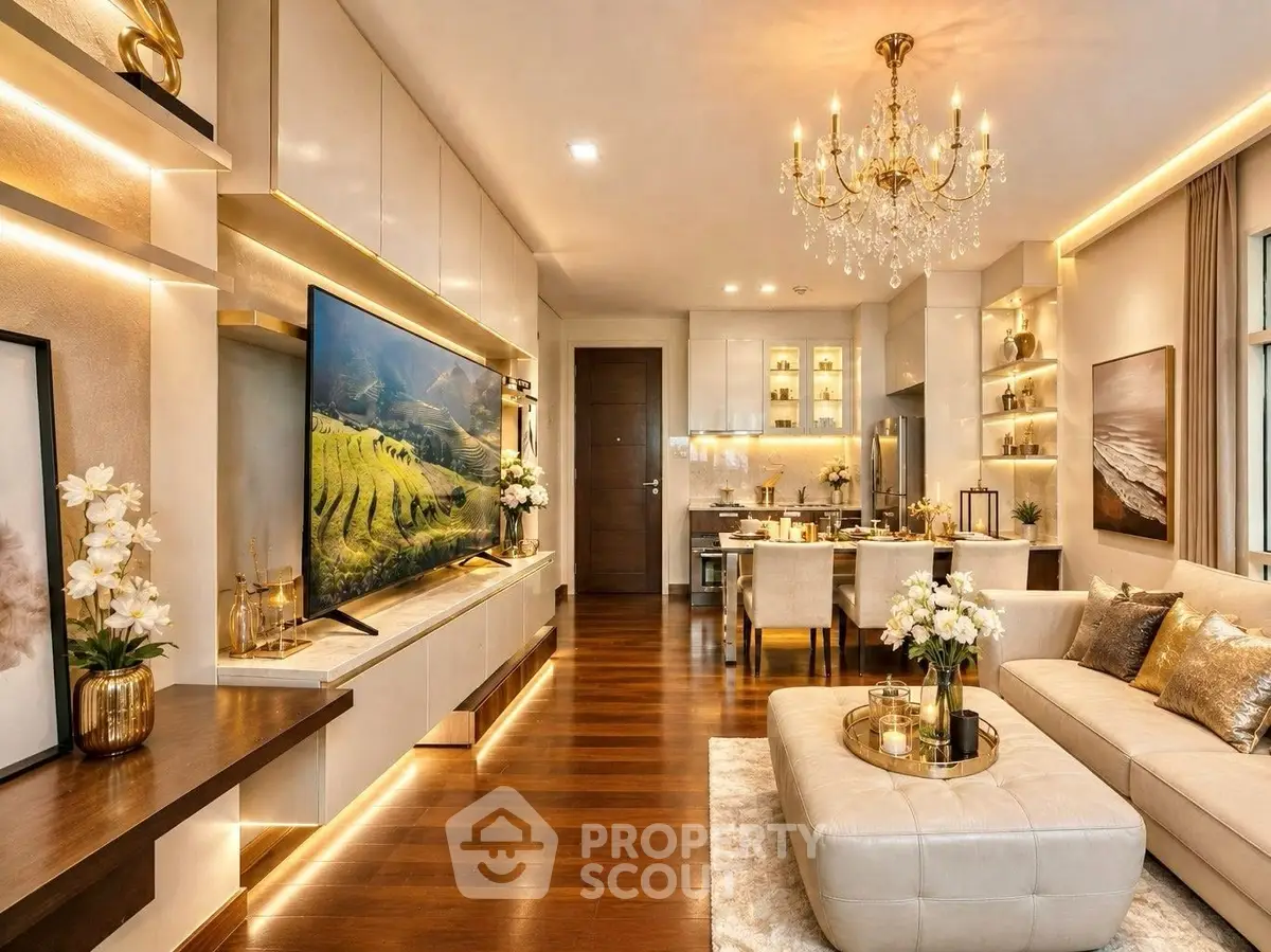 Luxurious living room with elegant chandelier, modern decor, and open kitchen layout in a stylish apartment.