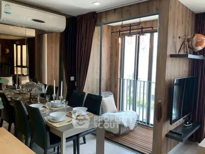 Stylish modern living room with dining area and balcony view